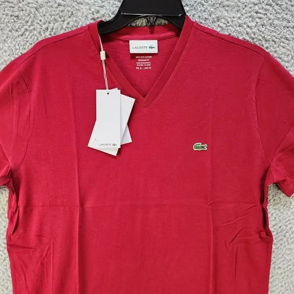 Lacoste V-Neck Logo T-Shirt Men's M Bordeaux Short Sleeves - Picture 2 of 11